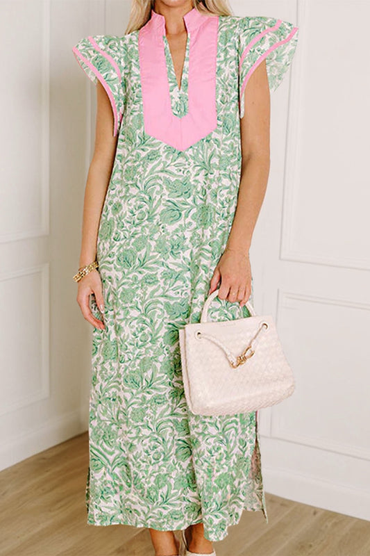 Green Floral Print Color Block Patchwork V Neck Short Sleeve Midi