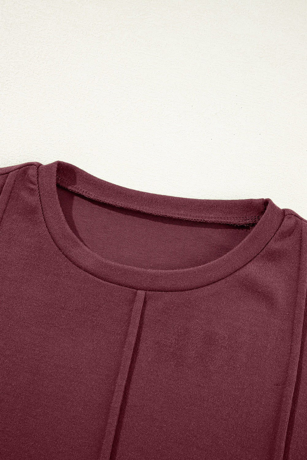Maroon Solid Exposed Seam Crew Neck Long Sleeve Top