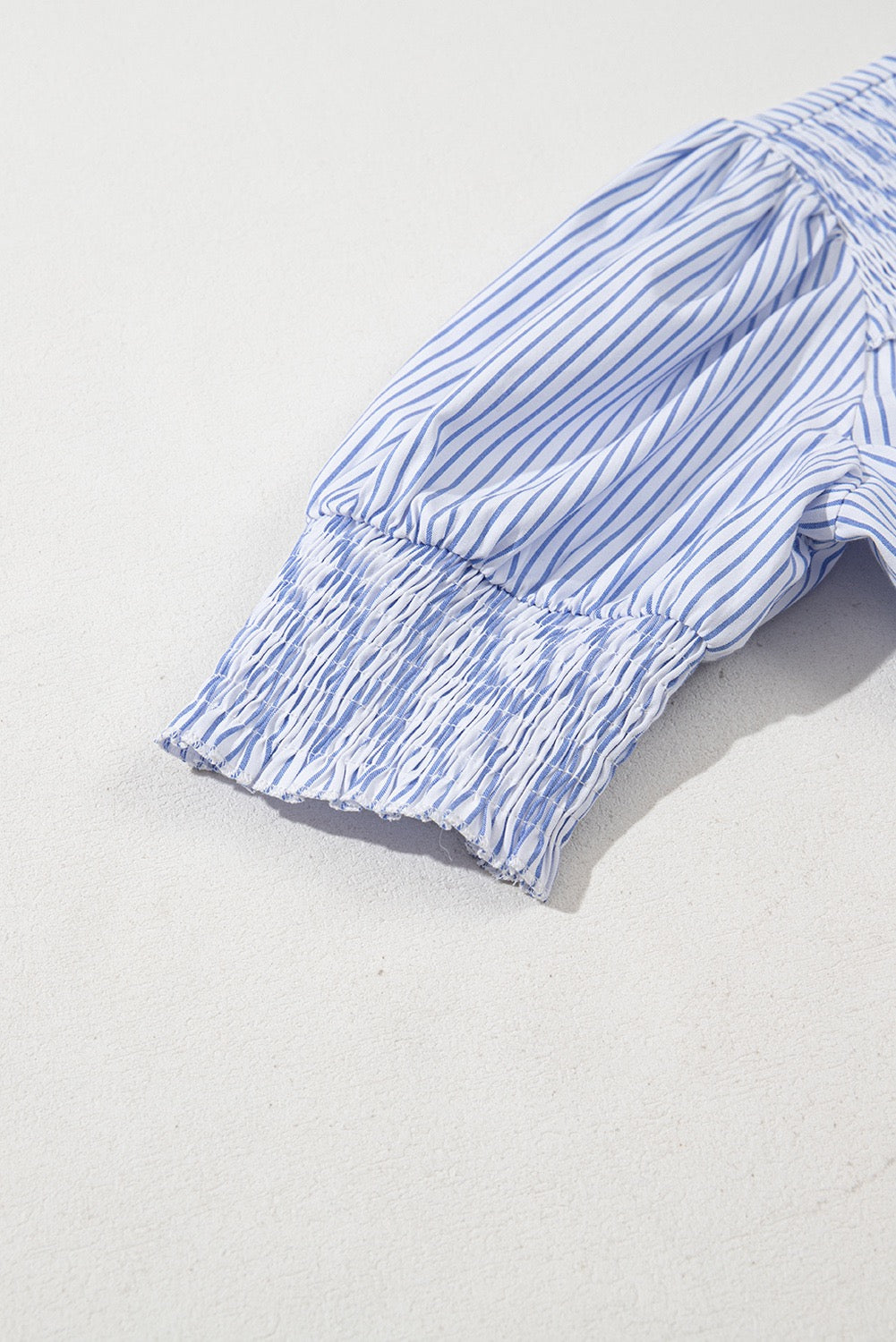Blue Stripe Shirred Detail V Neck Puff Half Sleeve V Neck Blouse