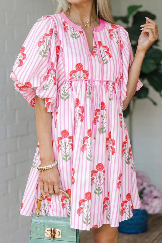 Pink Floral Striped Print Tie Notched Neck G Puff Sleeve Flared Dress