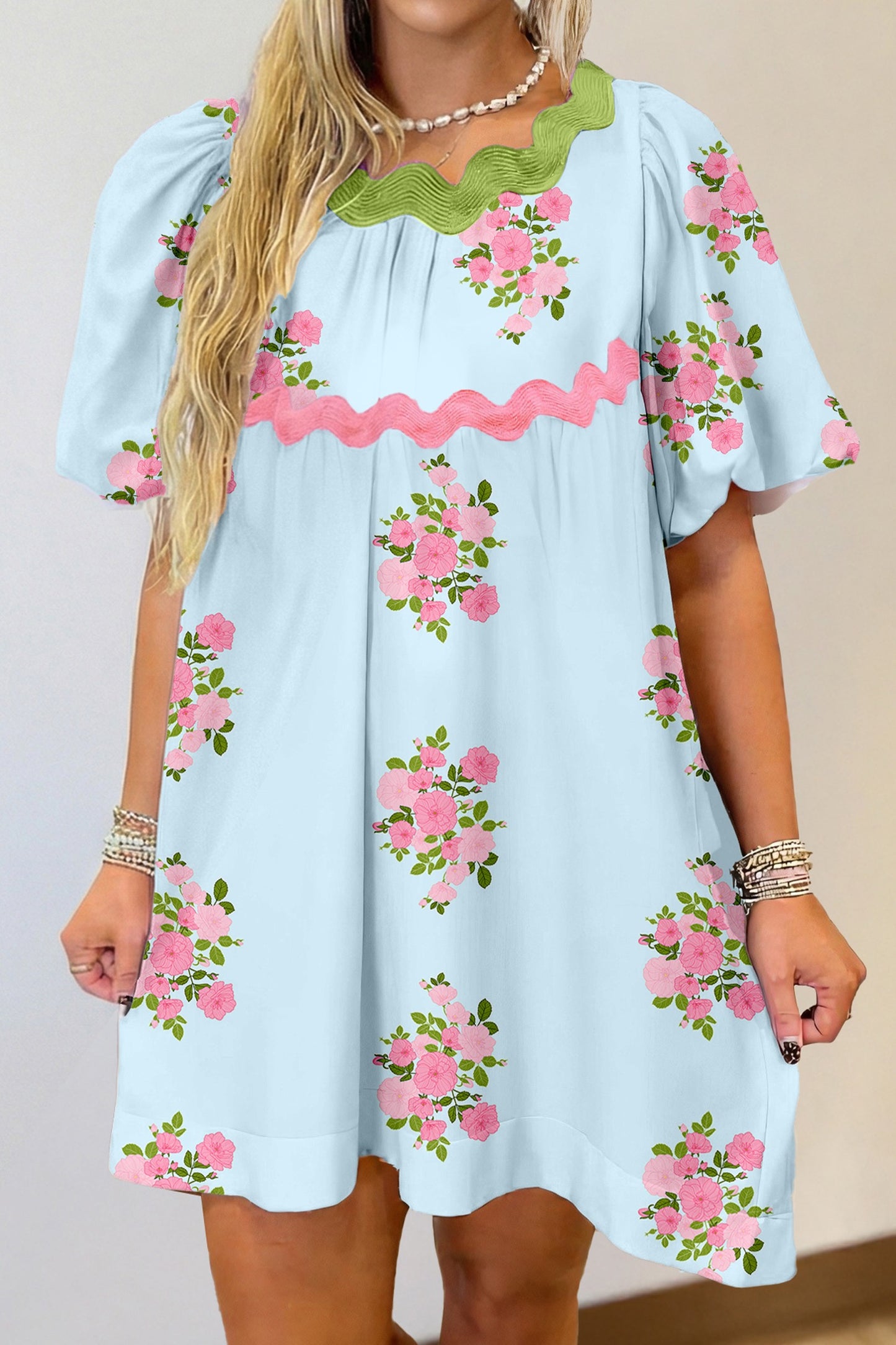 Blue Floral Printed Contrast Ricrac Detail Bubble Sleeve Dress