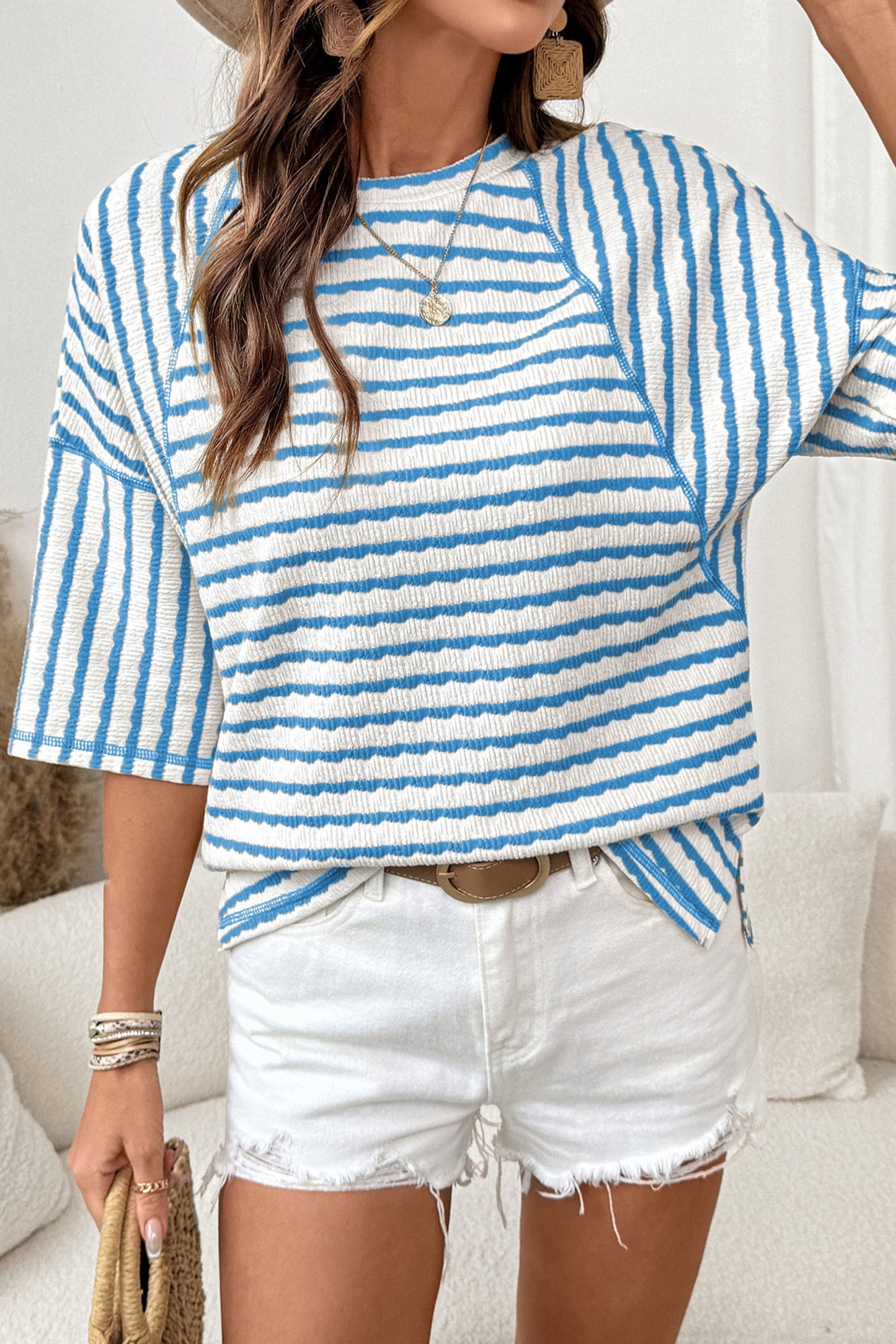 Blue Stripe Scallop Lace Trim Ruffle Short Sleeves Crewneck Top