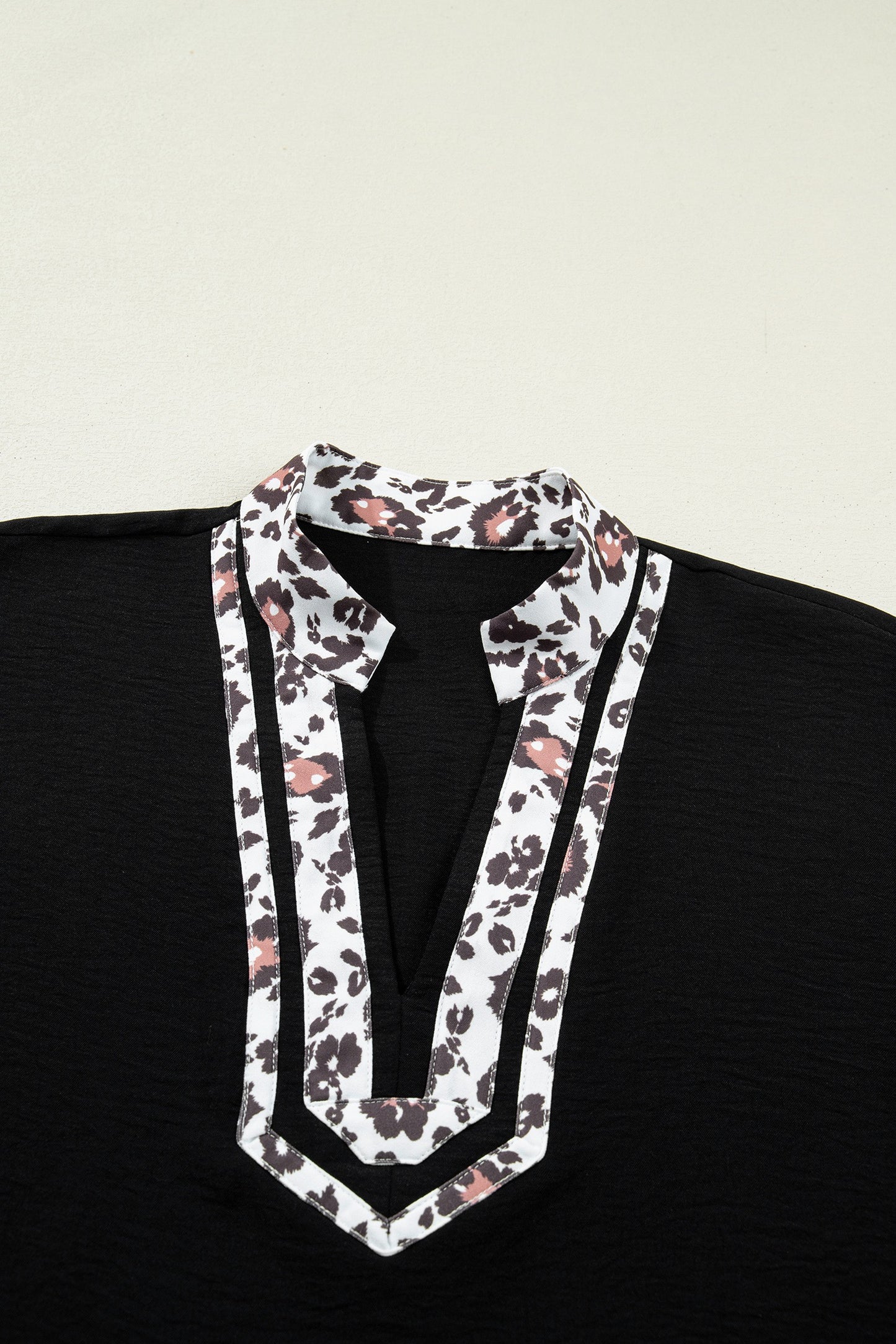 Black Dolman Half Sleeve Leopard Patchwork C Trim V Neck  Blouse