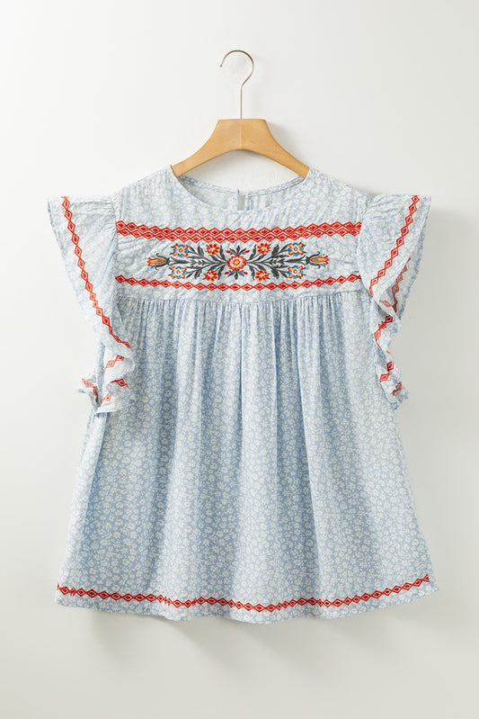 Blue Boho Flutter Sleeve Blouse