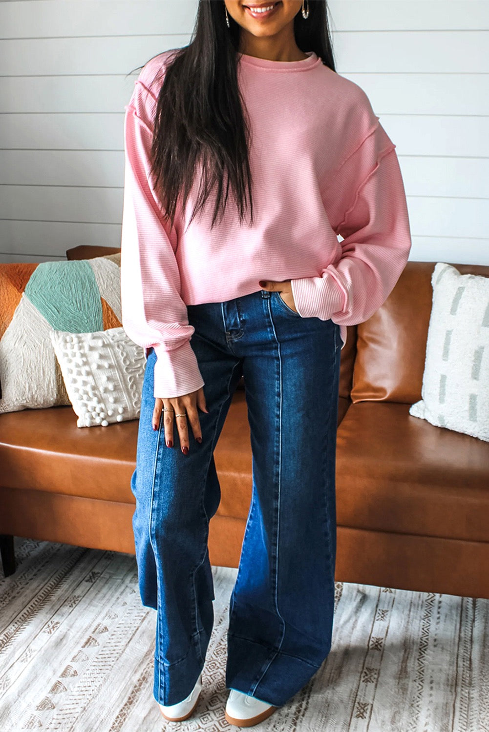 Pink Horizontal Ribbed Exposed Seam Long Sleeve Top