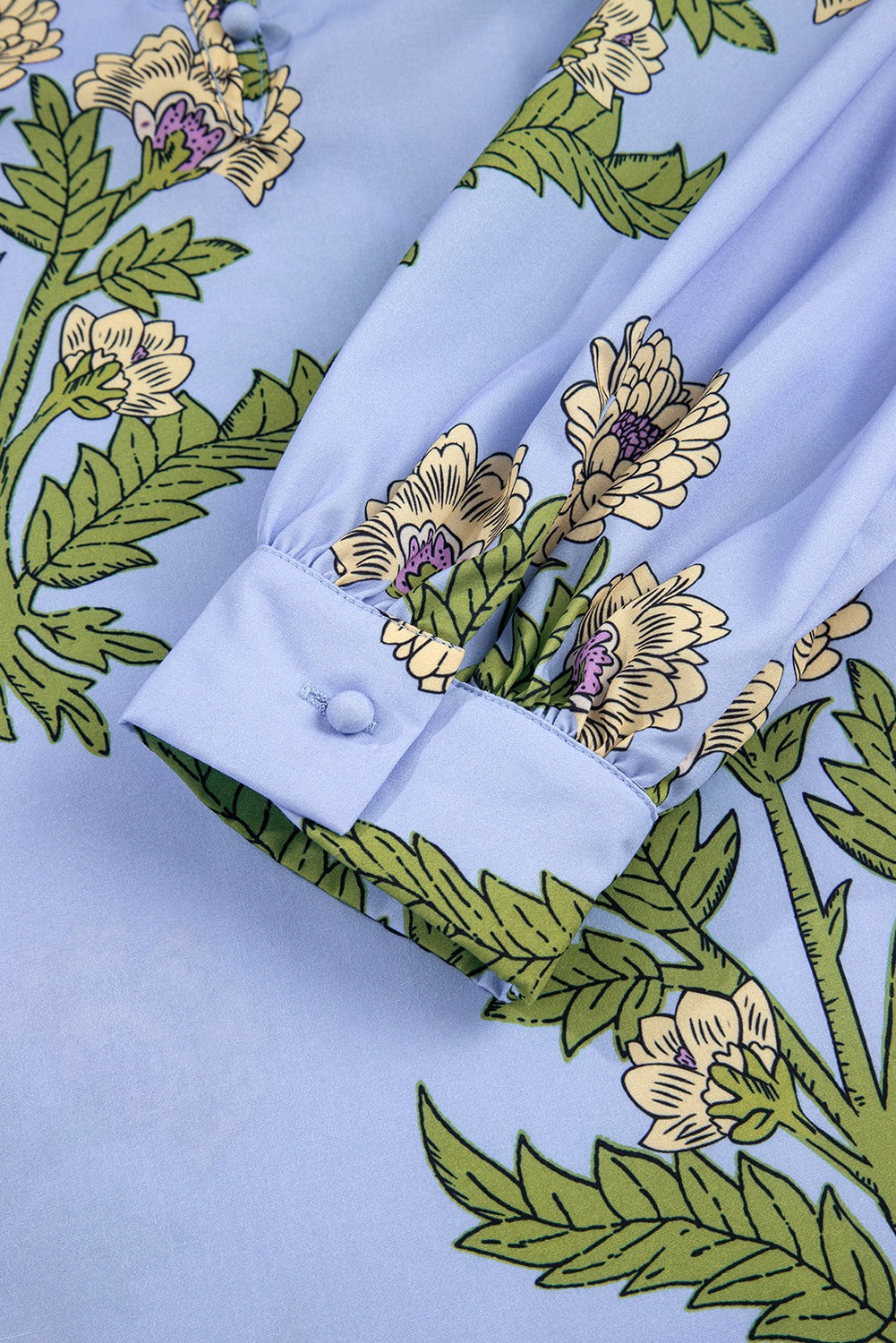 Blue Floral Print Button Tie Neck Long Sleeve Blouse