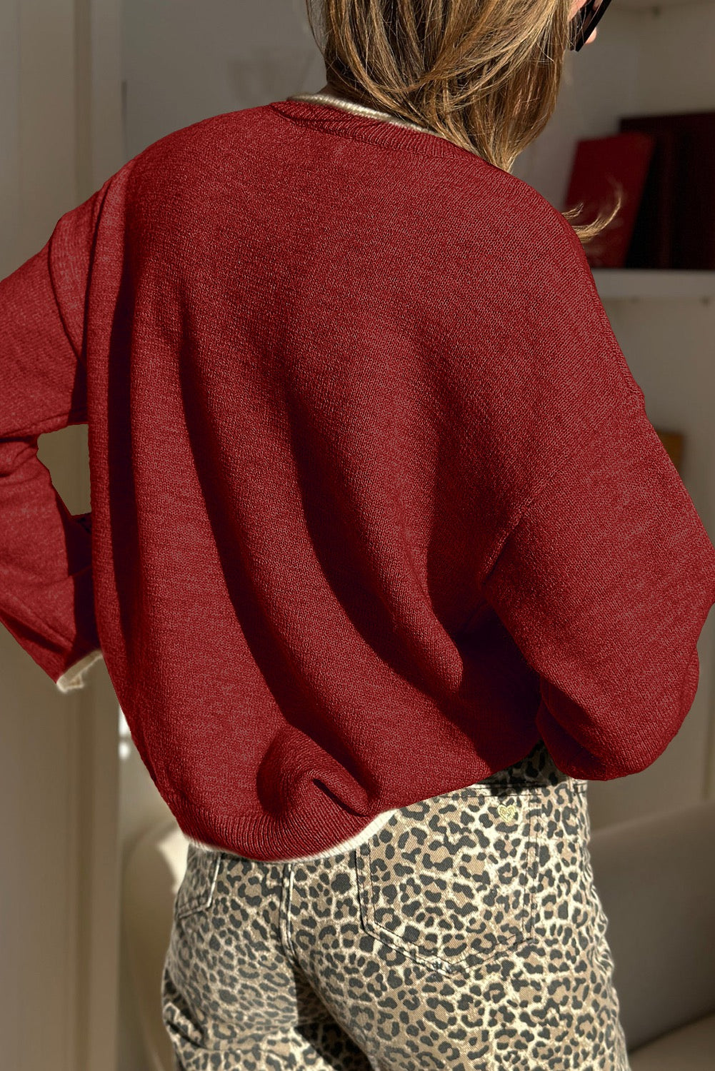 Red Leopard Bow Decor Split Cuff Contrast Trim Sweater
