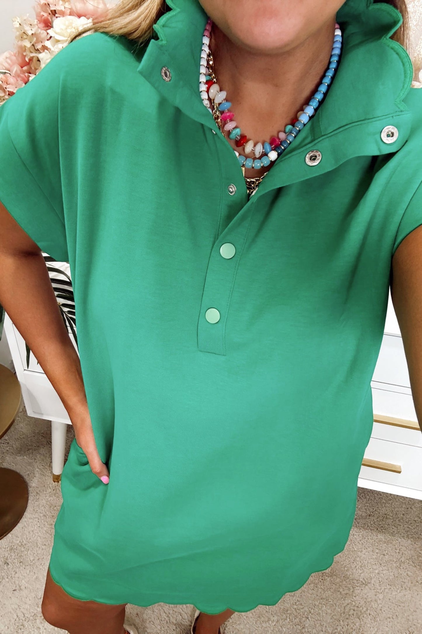 Sea Green Collar Short Sleeve Dress