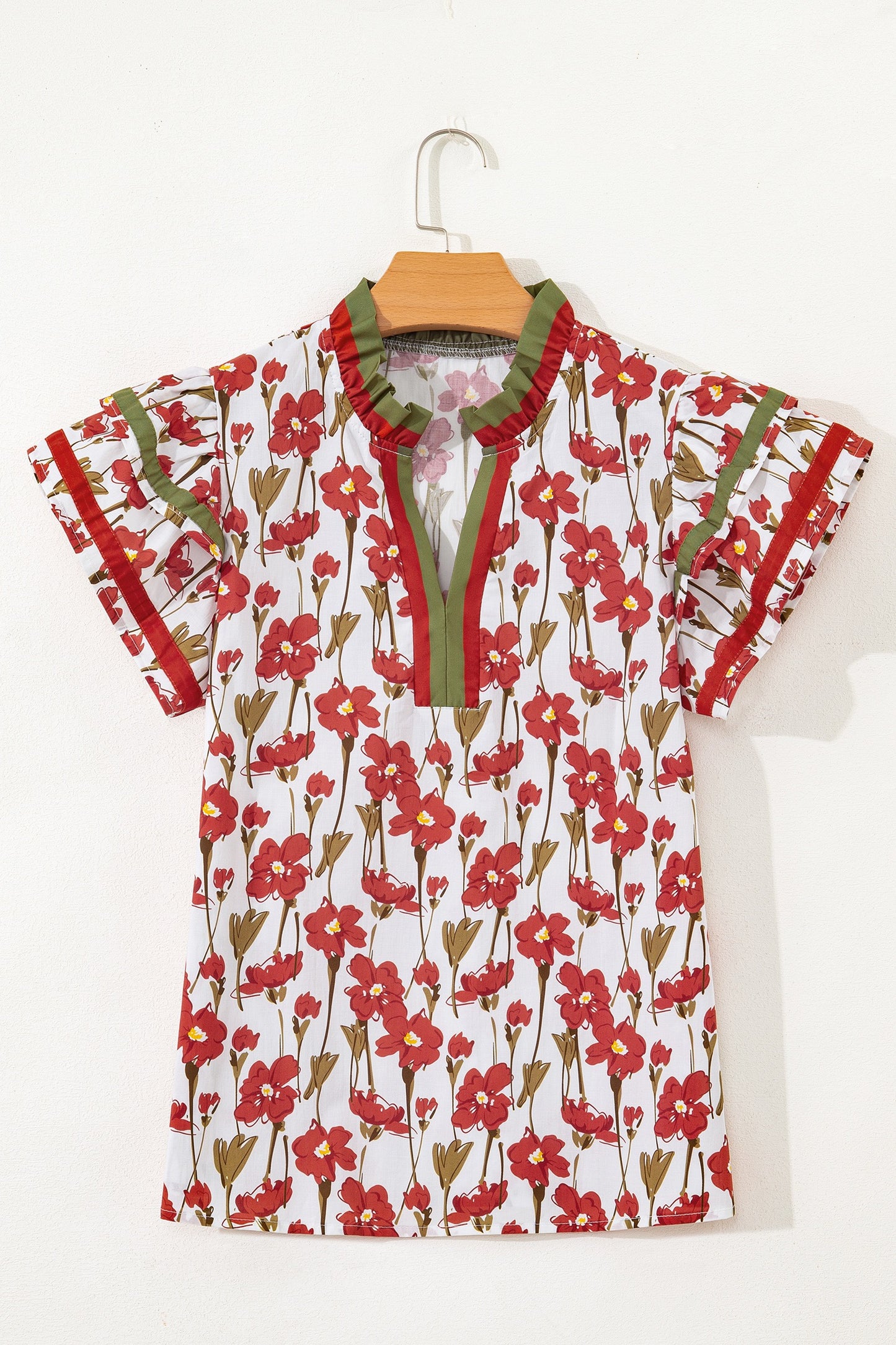 Red Floral Print Contrast Trim V Neck Double Ruffled Short SleeveTop