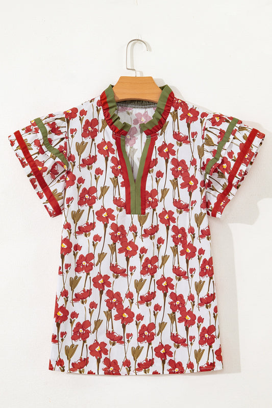 Red Floral Print Contrast Trim V Neck Double Ruffled Short SleeveTop
