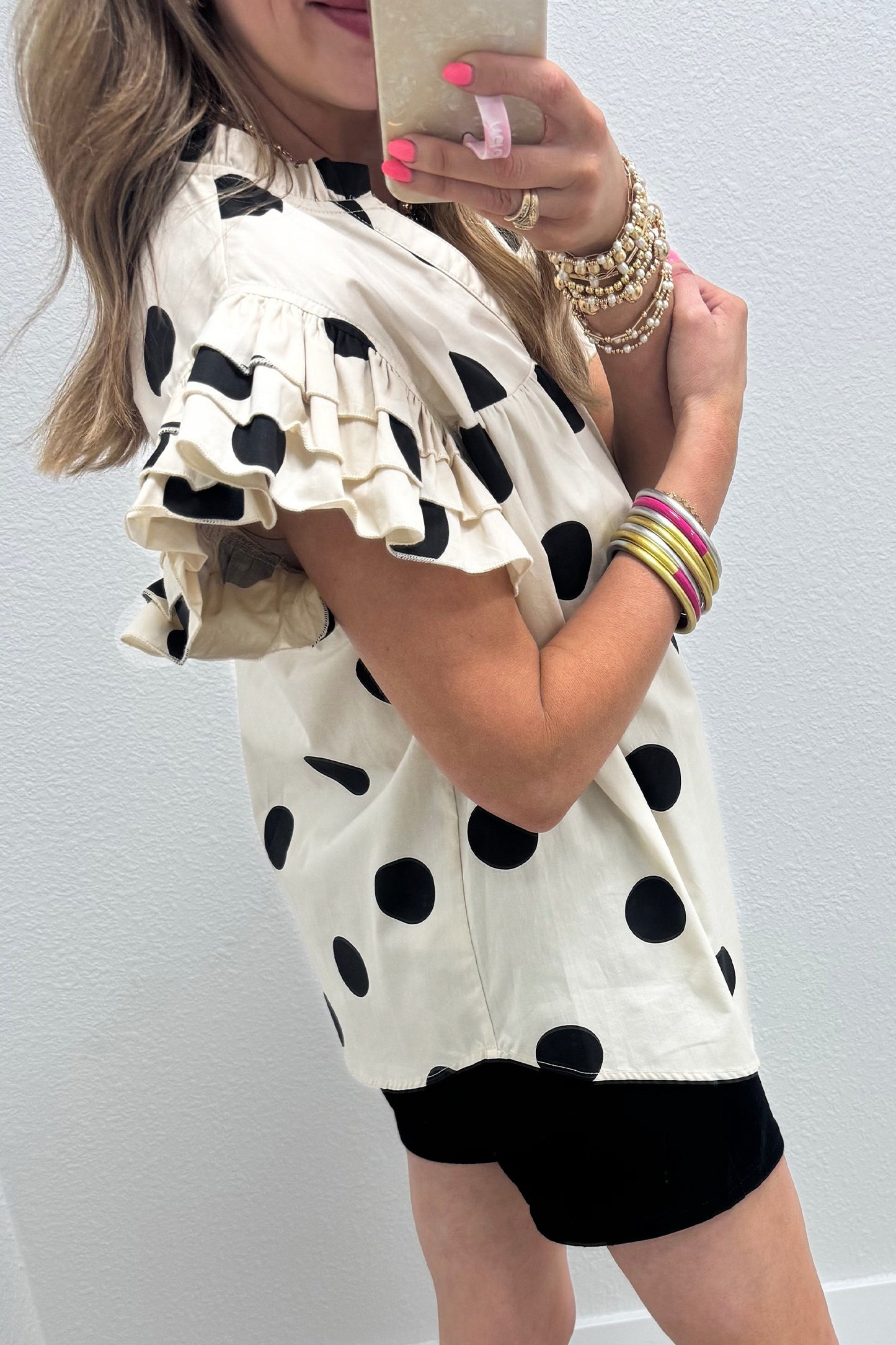 Polka Dot V-Neck Ruffle Short Sleeve Shift Blouse
