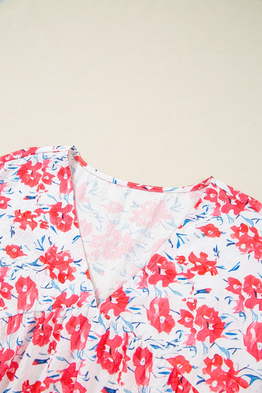 Red Floral Ruffled Half Sleeve V Neck Plus Size Dress