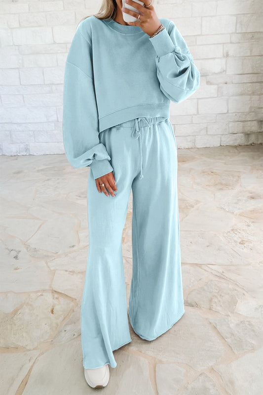 Blue Pullover Wide Leg Pants Set