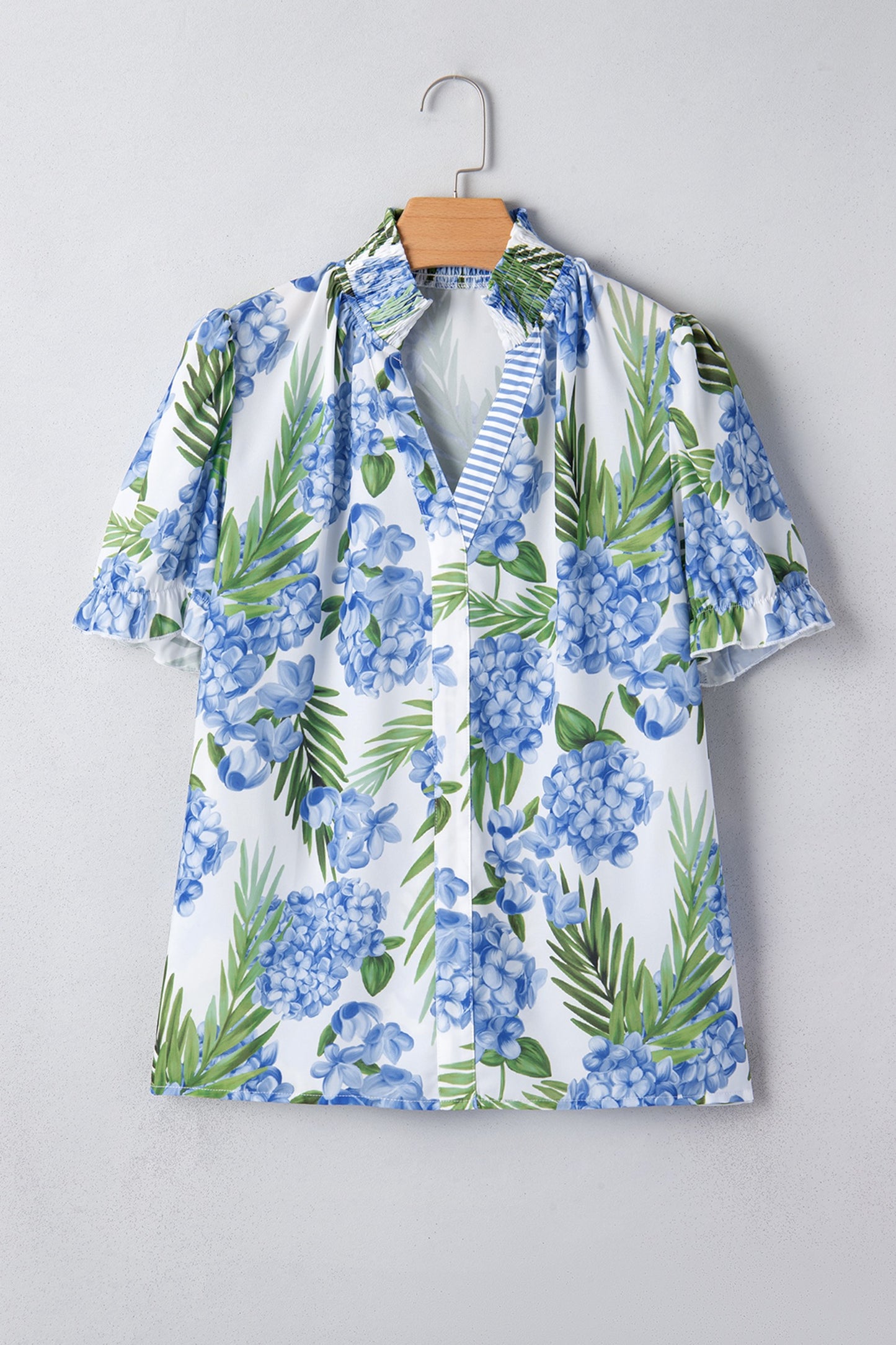 Blue Palm Floral Print Striped Patchwork V Neck Short Sleeve Top