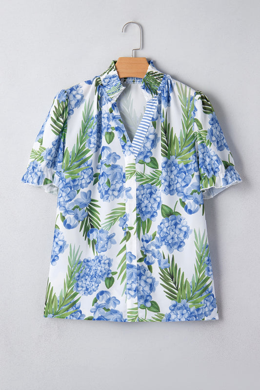 Blue Palm Floral Print Striped Patchwork V Neck Short Sleeve Top