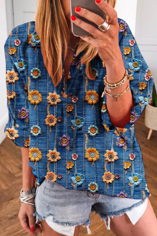 Blue Floral Collared V Neck Roll up Sleeve Blouse