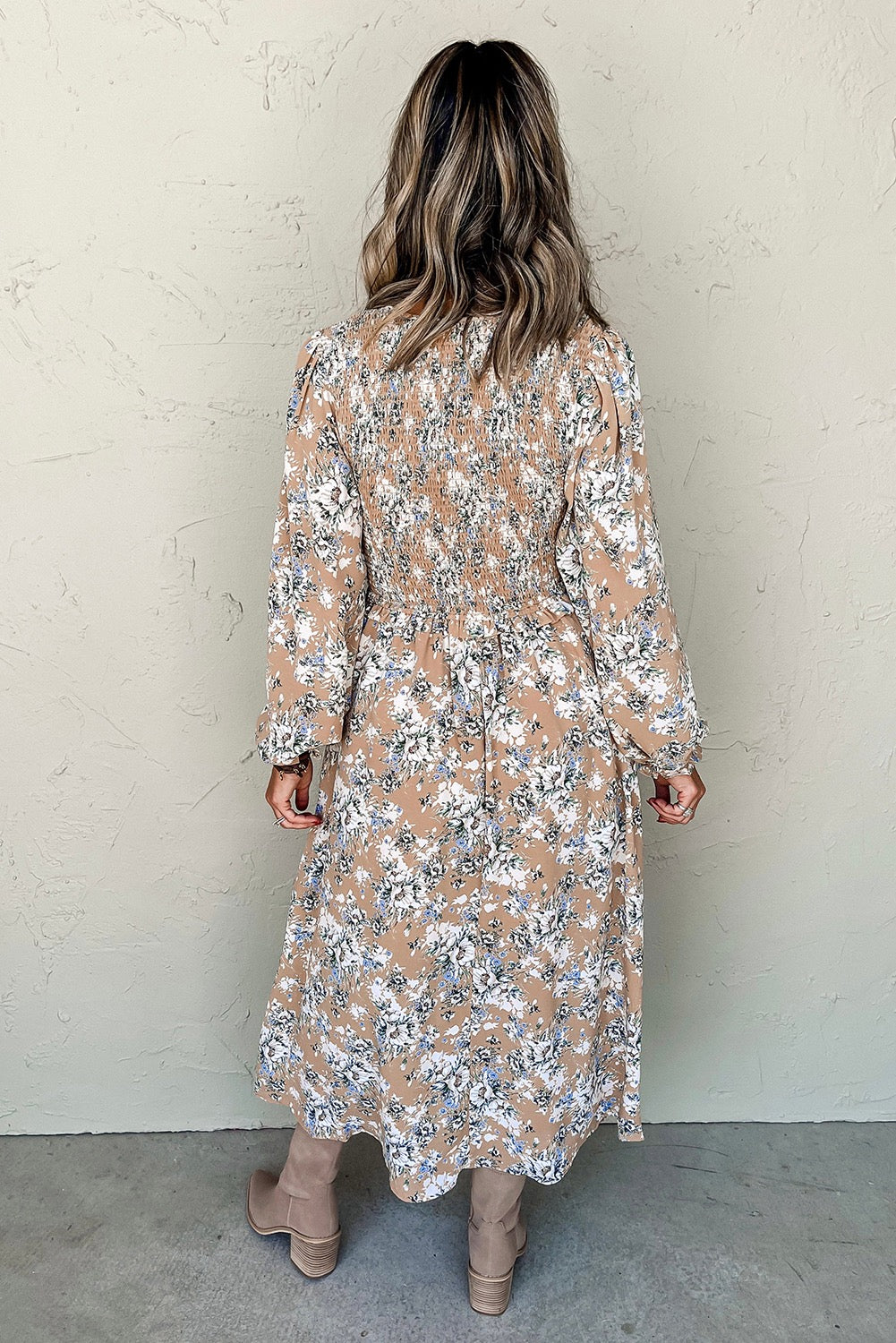 Khaki Maple Grove Floral Smocked Puff Sleeve Dress