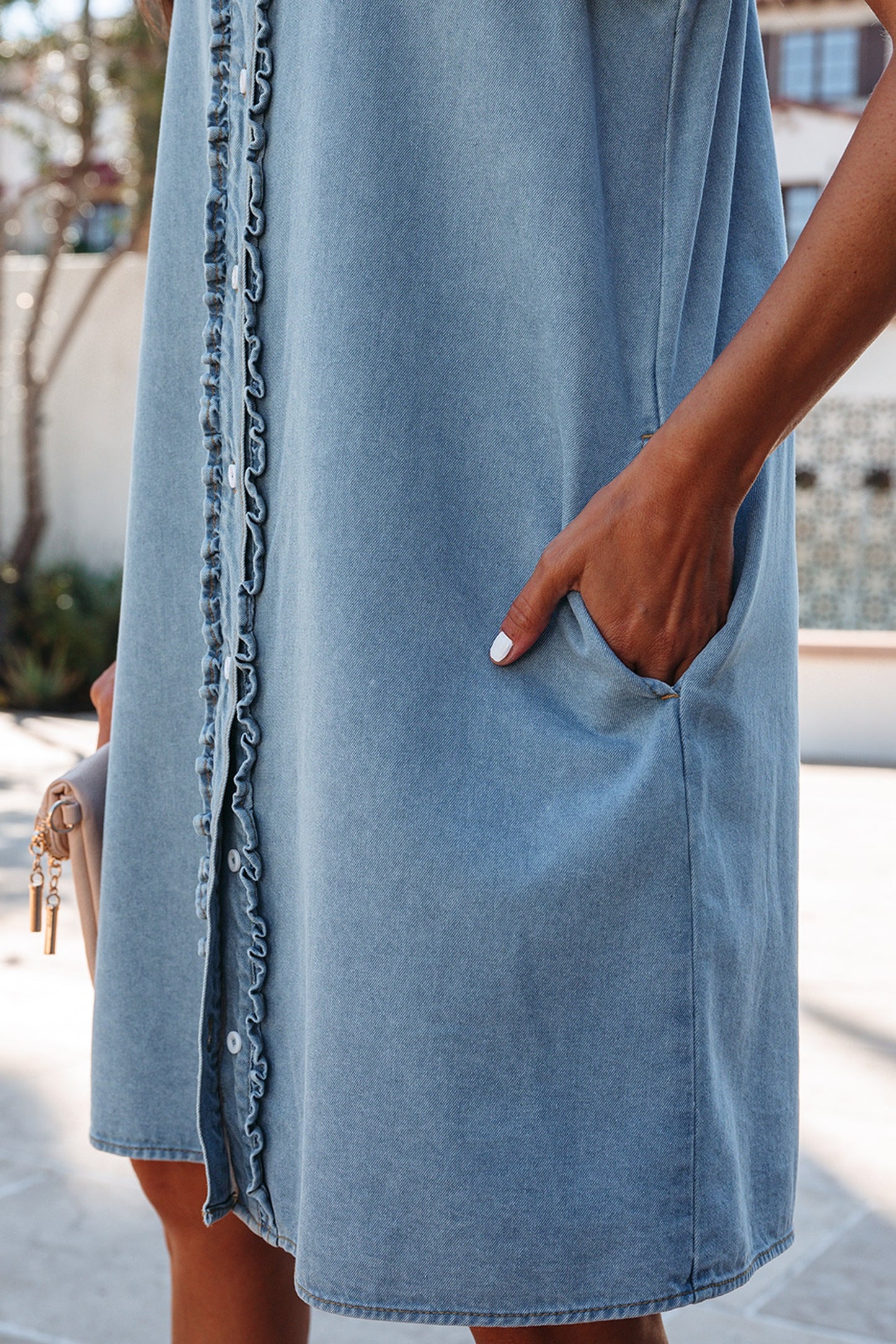 Blue Button Square Neck Short Puff Sleeve Denim Mini Dress