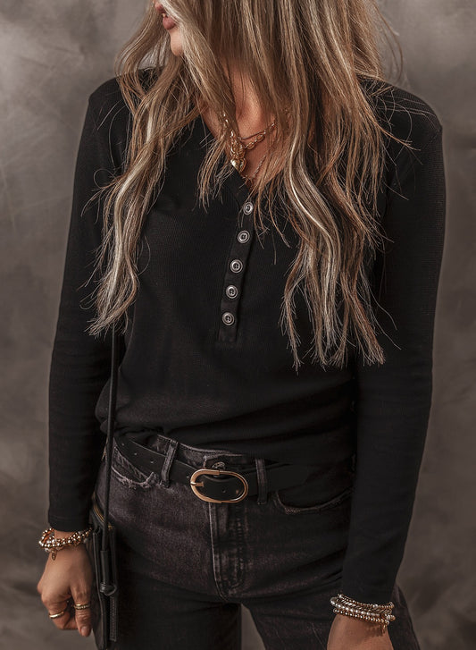 Black Buttoned Rib Top