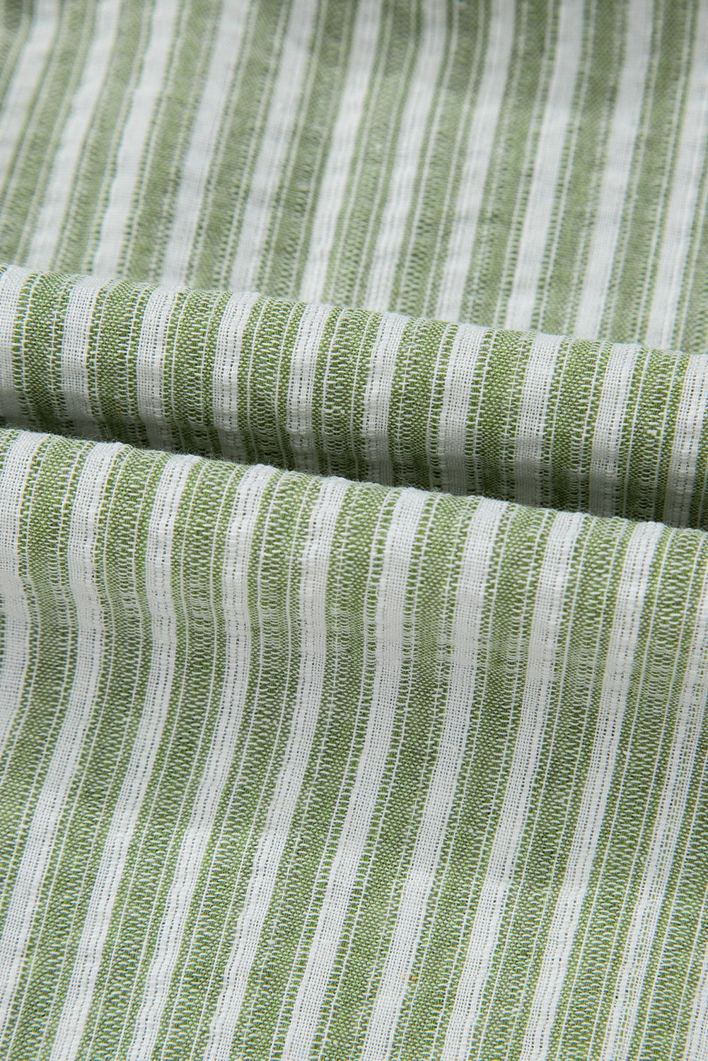 Green Stripe Textured Round Neck Short Puff Sleeve Blouse