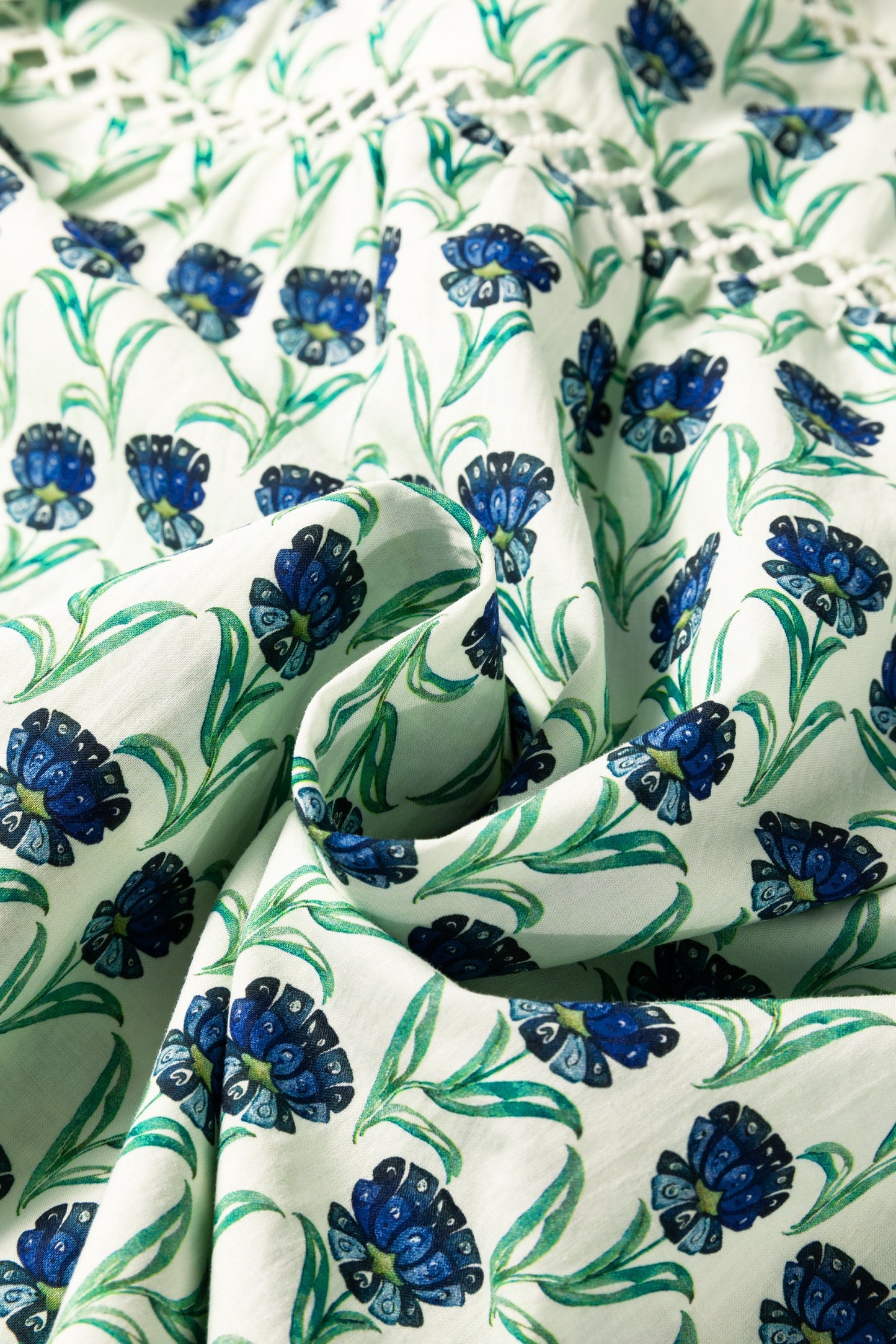 Block Print, Green Floral Print, Lace Detail, Ruffle Trim, Long Sleeve Blouse