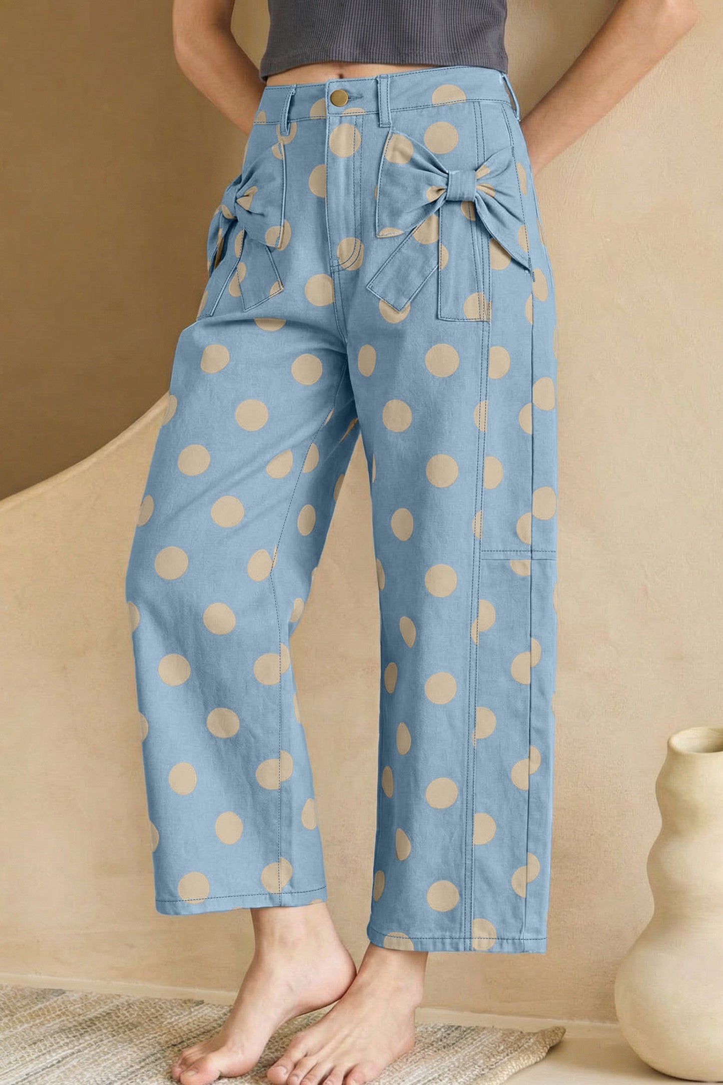 Polka Dot Print Scalloped Patch Pocket Cotton Pants