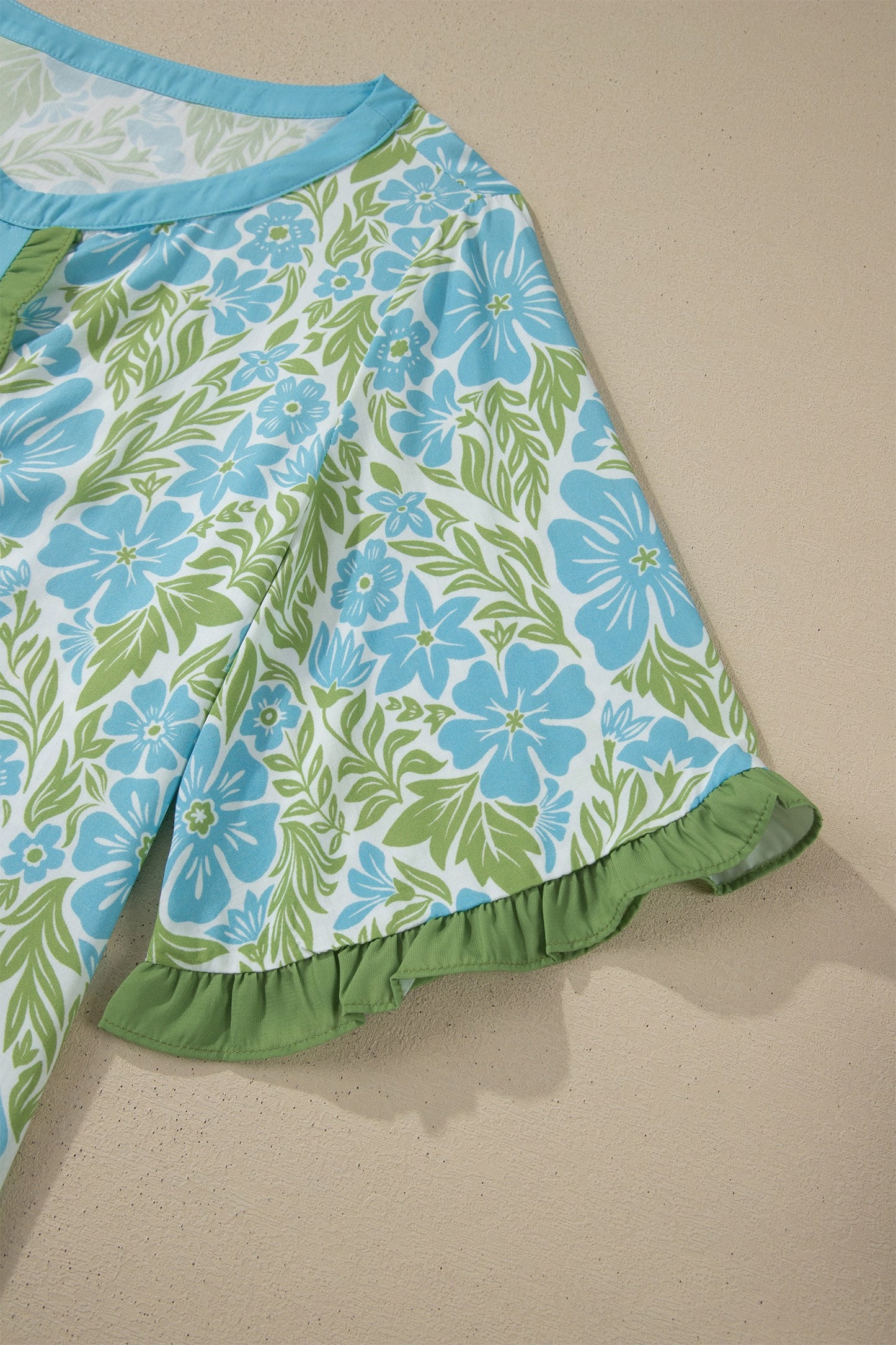 Blue Floral Print Ruffled Color Block Trim Half Sleeve Blouse