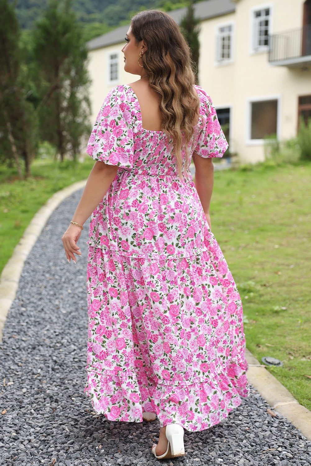 Pink Plus Size Floral Print Smocked Puff Sleeve Maxi