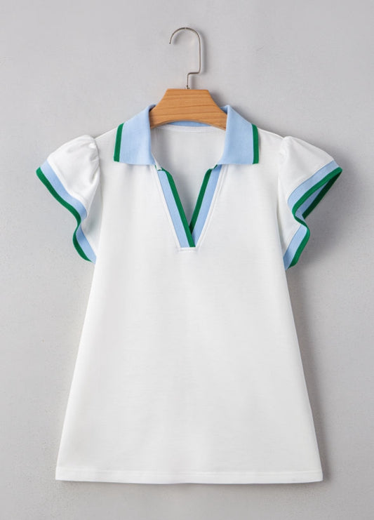 White Pop of Color Collared V Neck Ruffle Sleeve Blouse