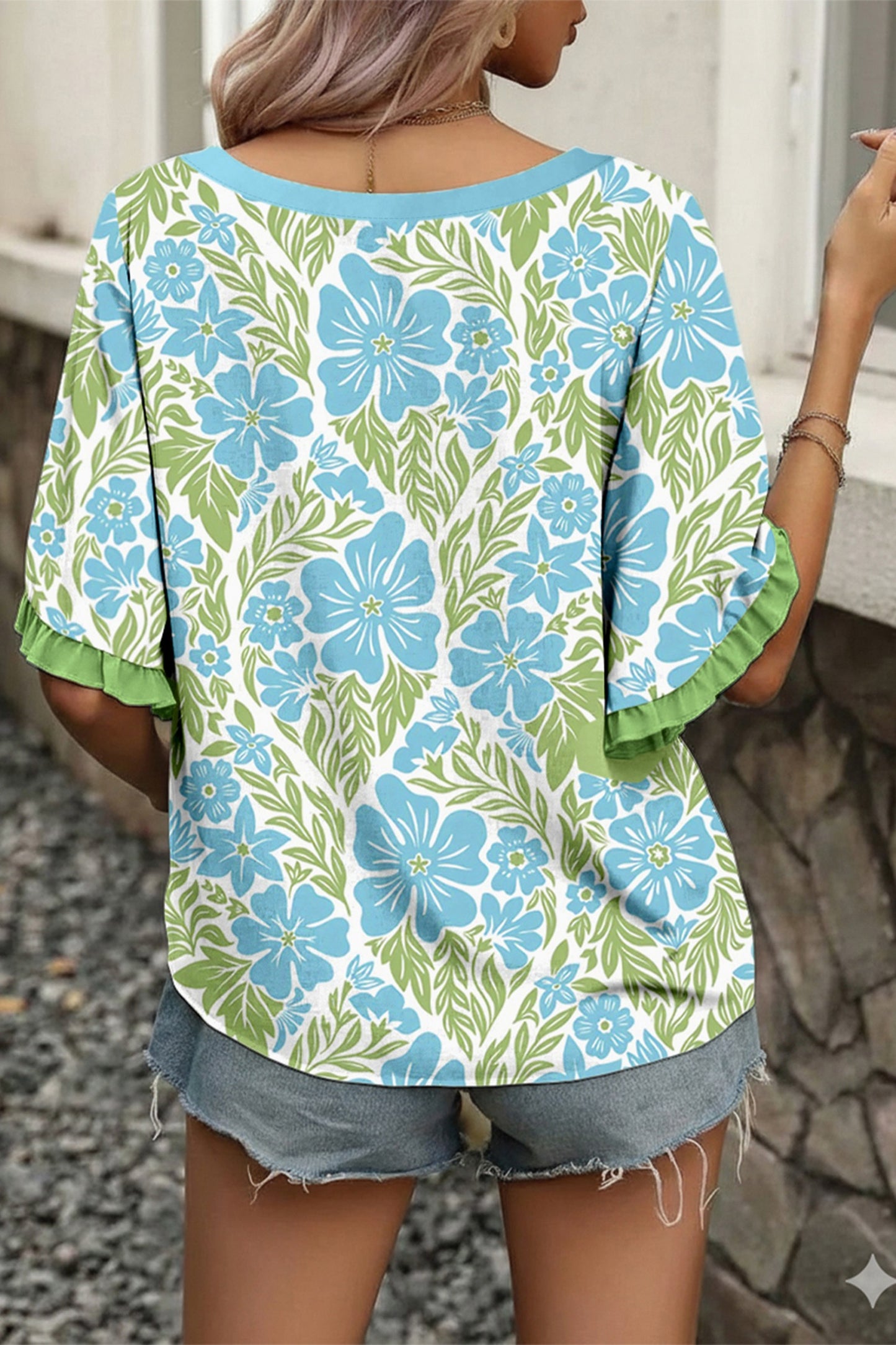 Blue Floral Print Ruffled Color Block Trim Half Sleeve Blouse