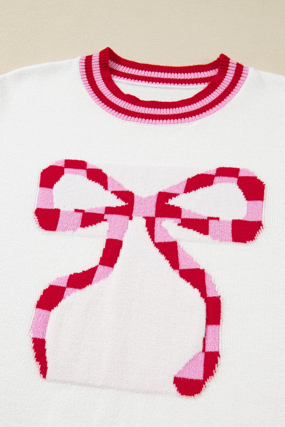 White Striped Trim Bow Graphic Round Neck Drop Shoulder Sweater