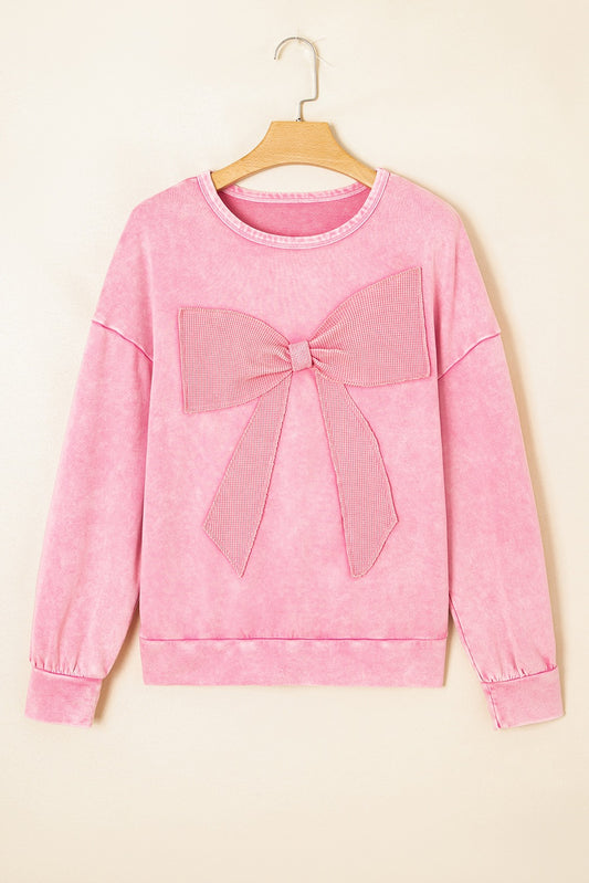 Bright Pink Mineral Wash Big Bow Patchwork Pullover Sweatshirt