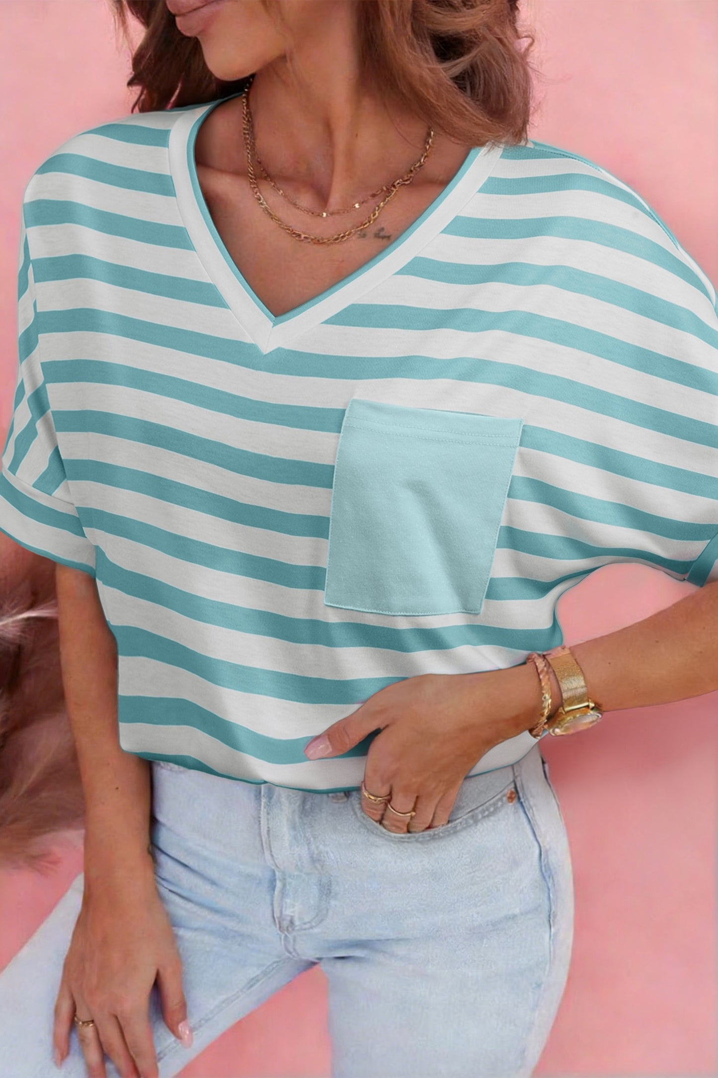 Blue Stripe V Neck Patched Pocket Tee