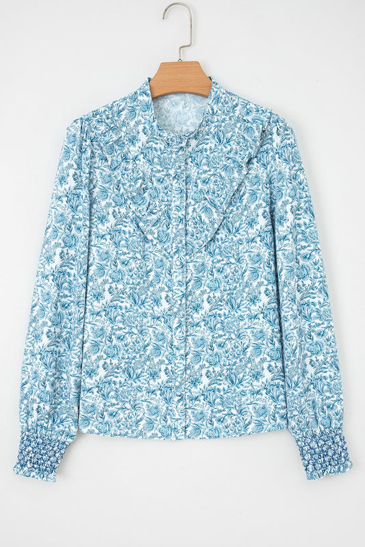 Blue All Over Floral Puff Sleeve Shirt