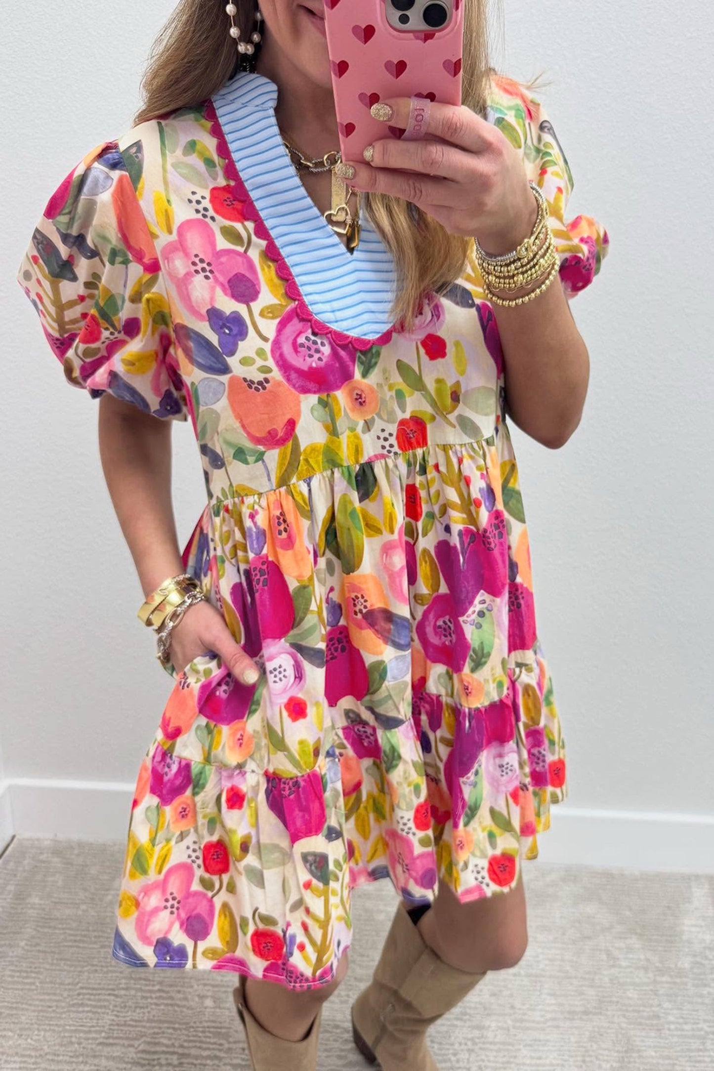 Bright Floral Print Ricrac Trim Striped Patchwork V Neck Dress