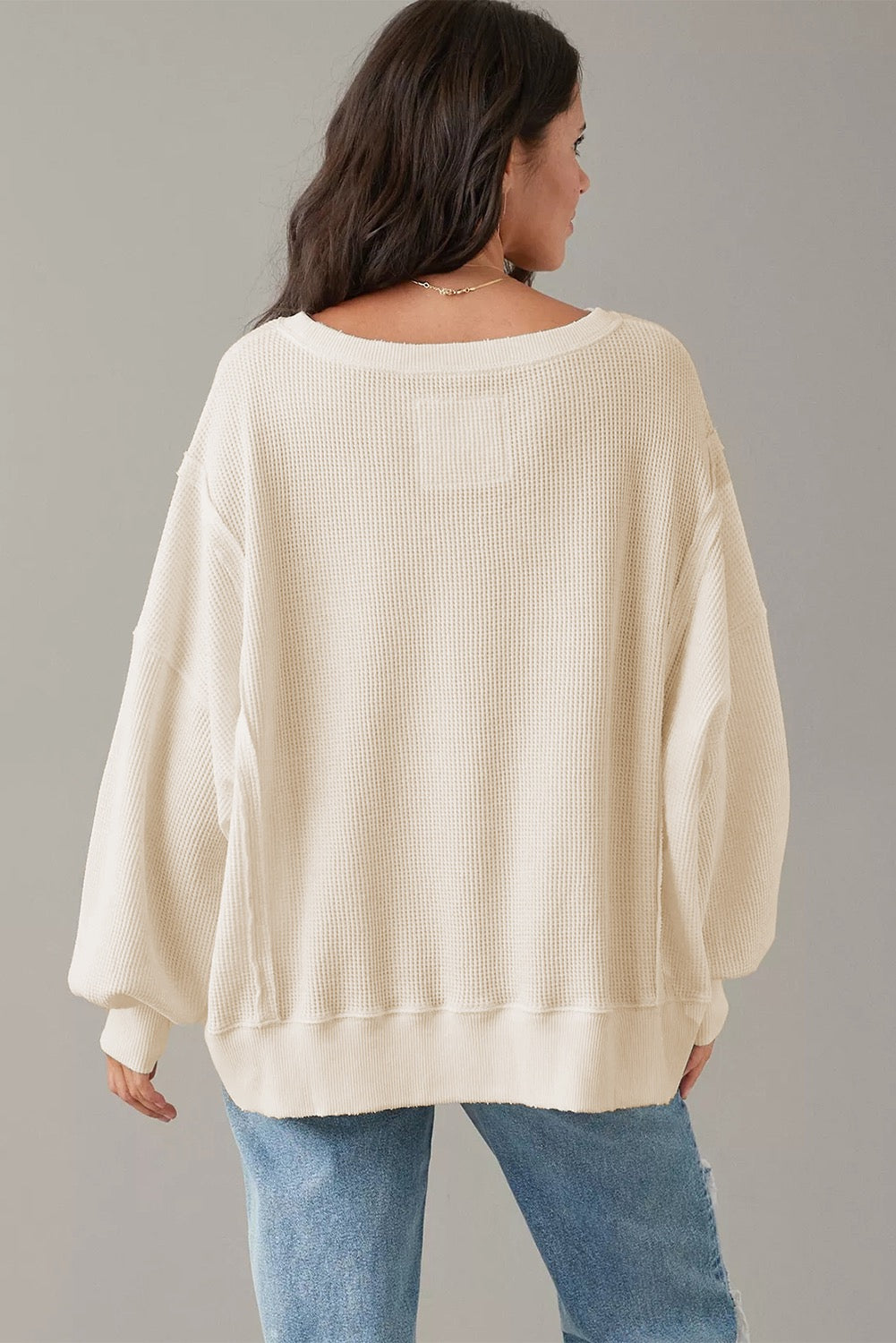 White Waffle Knit Bishop Sleeve Split Oversized Top