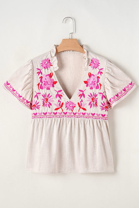 Beige Floral Embroidered Short Sleeve Notched V Neck Blouse