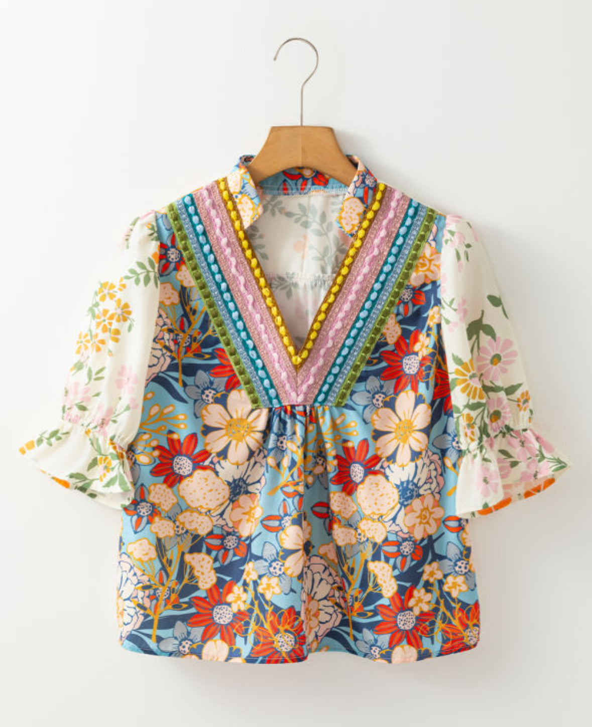 Multicolour Half Sleeve Boho Floral,  Pop of Color Neckline, Blouse