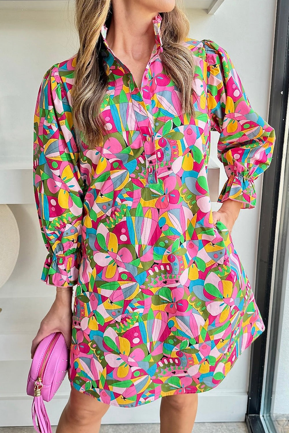 Abstract Lantern Sleeve Dress