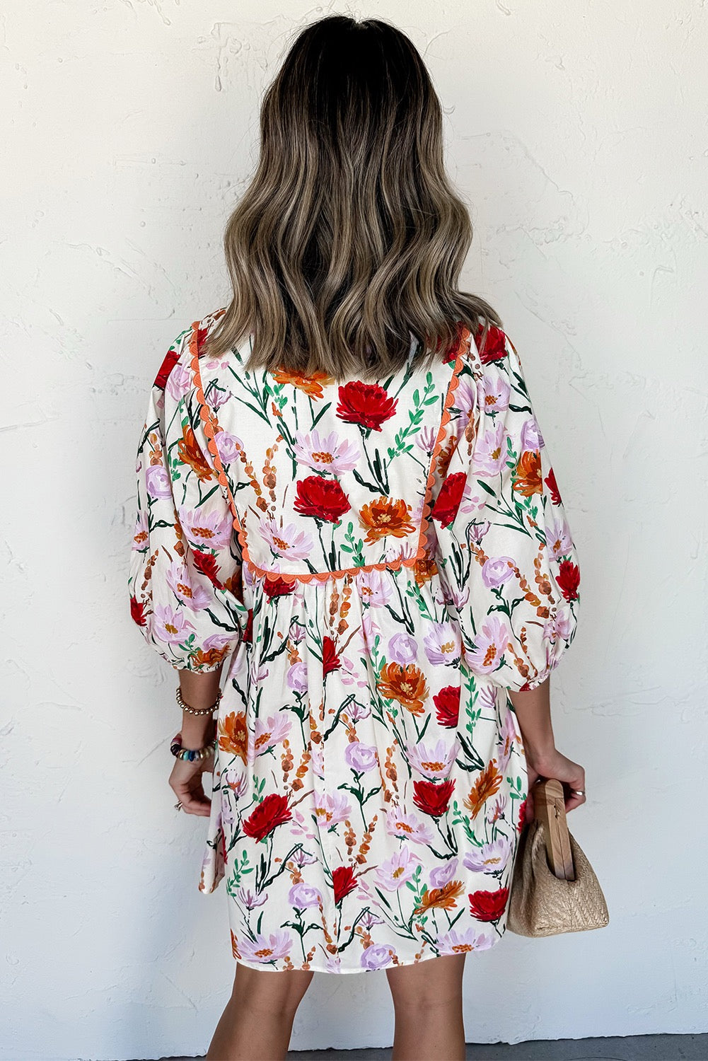Beige Floral Print 3/4 Puff Sleeve Ricrac Trim Dress