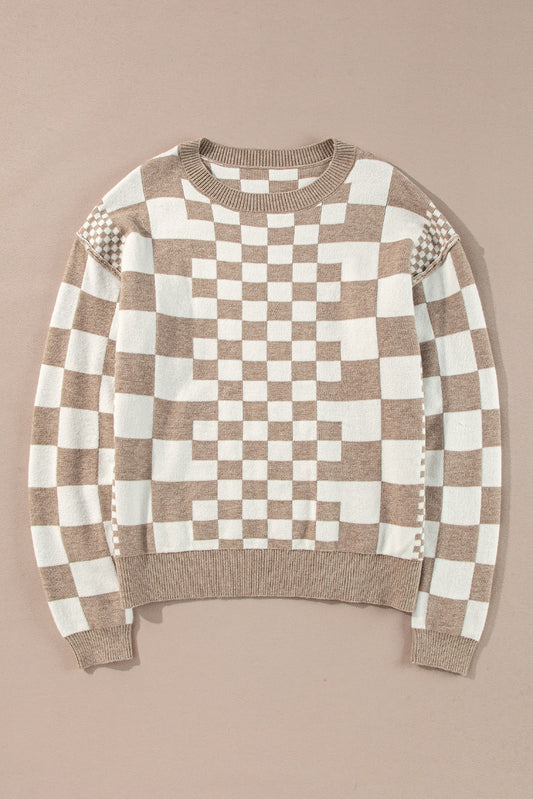 Beige Checkered Round Neck Sweater