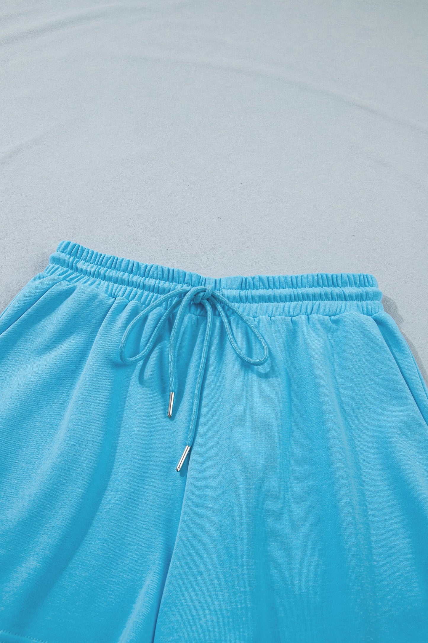 Blue Solid Color Puffy Loose Top Drawstring Shorts 2pcs Outfit