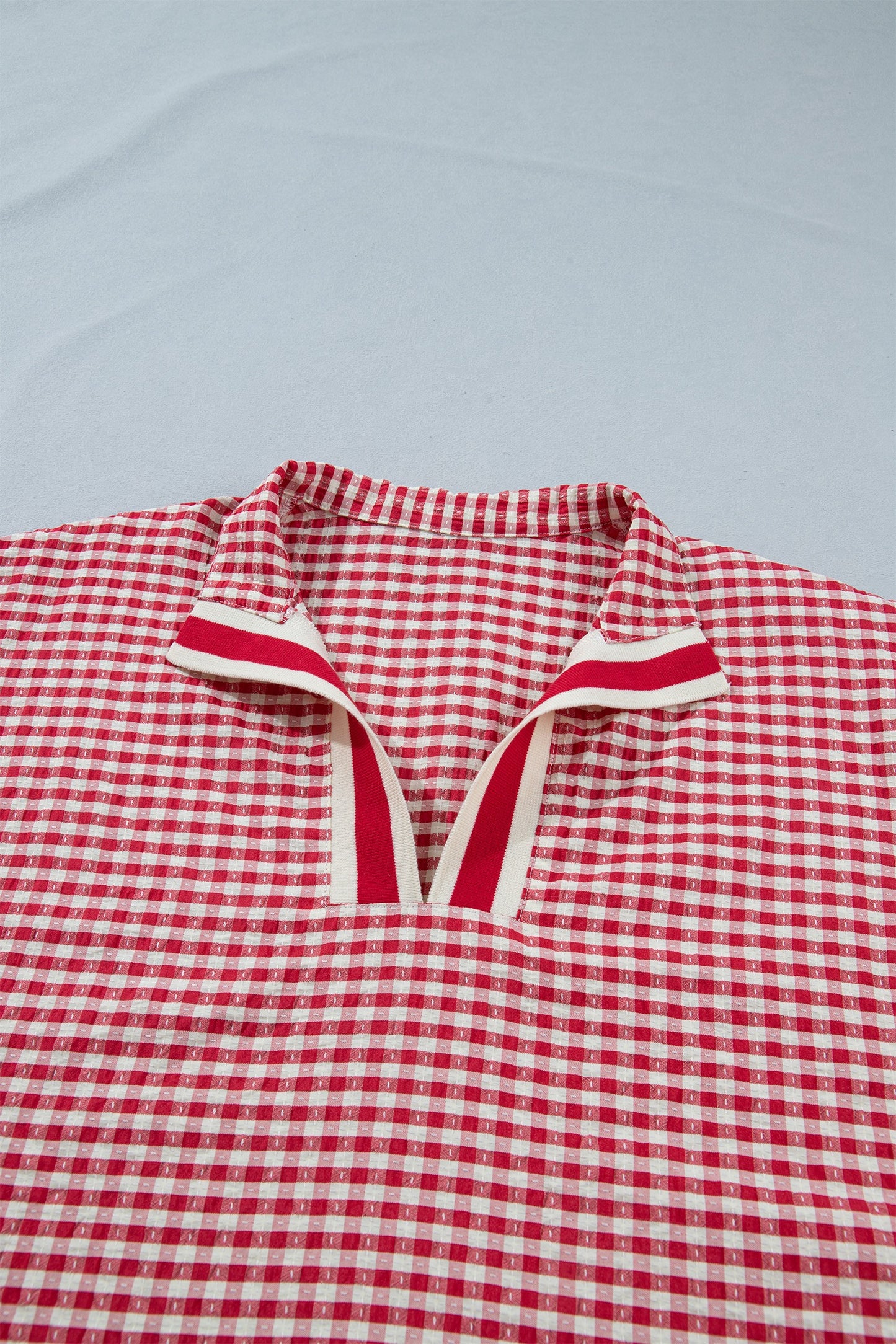 Red Plaid Short Sleeve Colorblock Trim Blouse