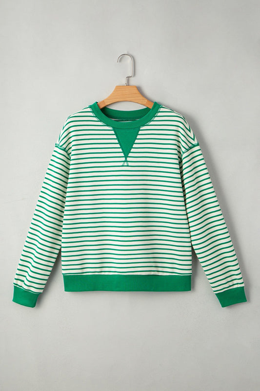 Bright Green Striped Exposed Seam Patchwork Loose Pullover