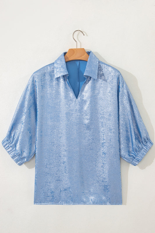 Blue Collared V Neck Half Sleeve Top
