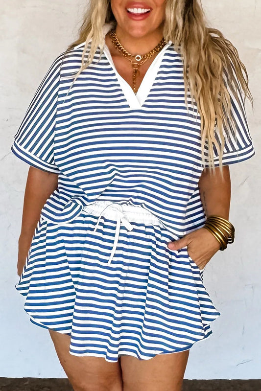 Blue Stripe Short Sleeve Collared V Neck Top Plus Size Shorts Set