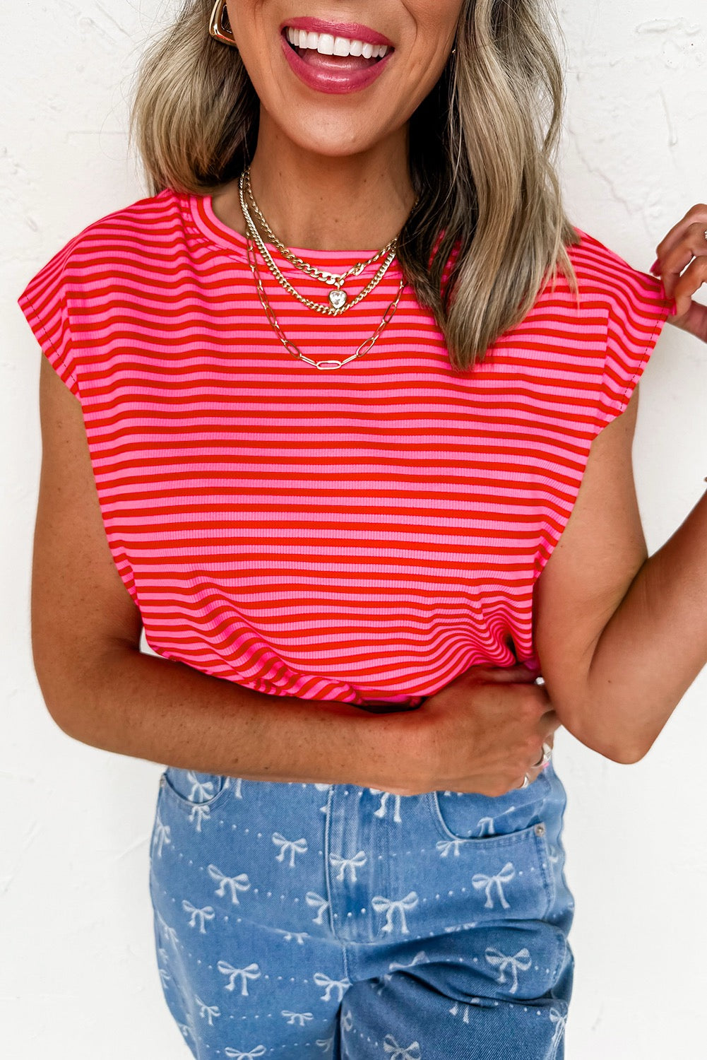 Red Stripe Cap Sleeve Tee