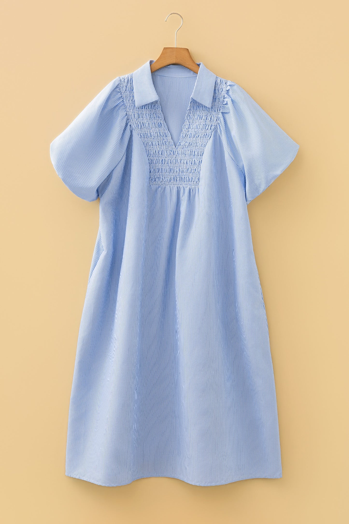 Sky Blue Stripe Shirred Detail Collar V Neck Plus Size Midi