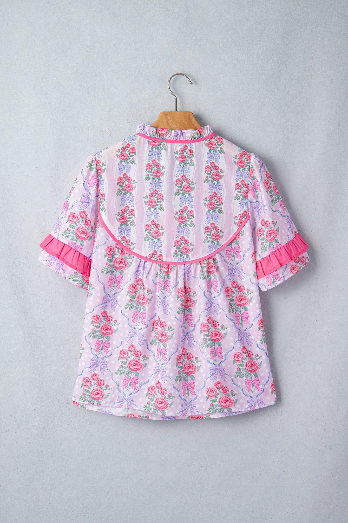 Purple Floral Bow Printed Contrast Ruffled Short Sleeve Blouse