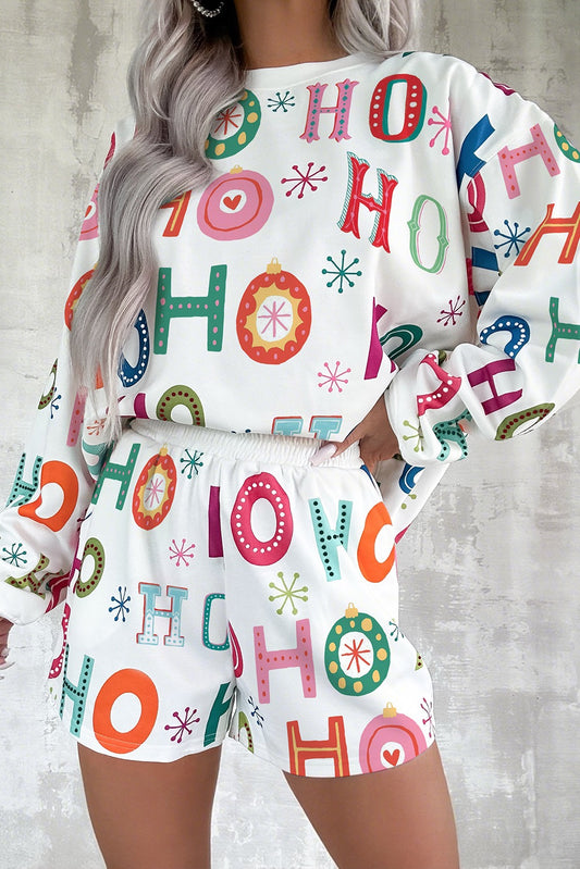 White Ho Ho Ho Christmas Fashion Print 2pcs Lounge Short Set